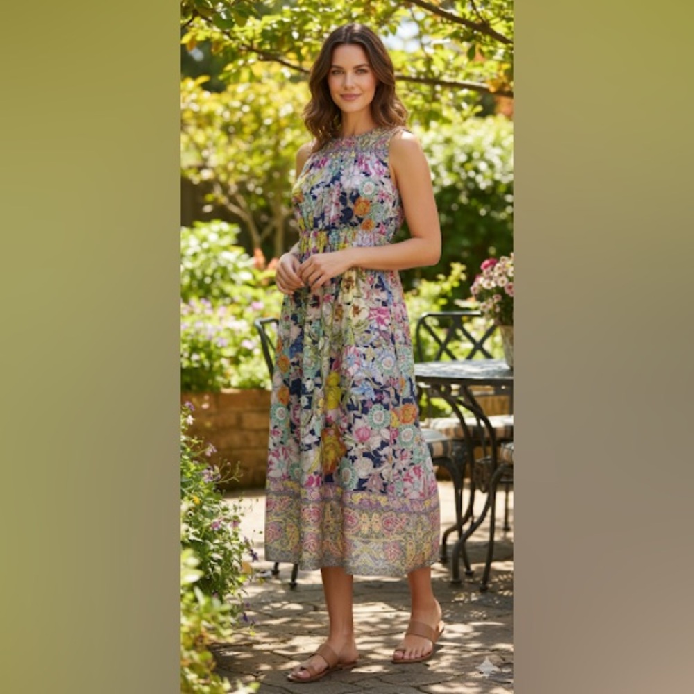 Johnny Was Women's Multicolor Silk Smocked Sleeveless Midi Sundress Size XS NWT